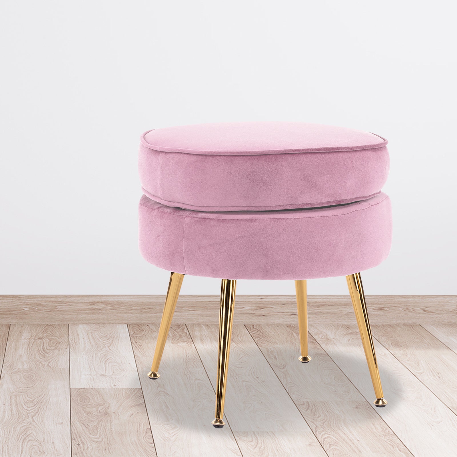 La Bella Pink Round Ottoman Foot Stool Velvet Fabric Metal Leg - BM House & Garden