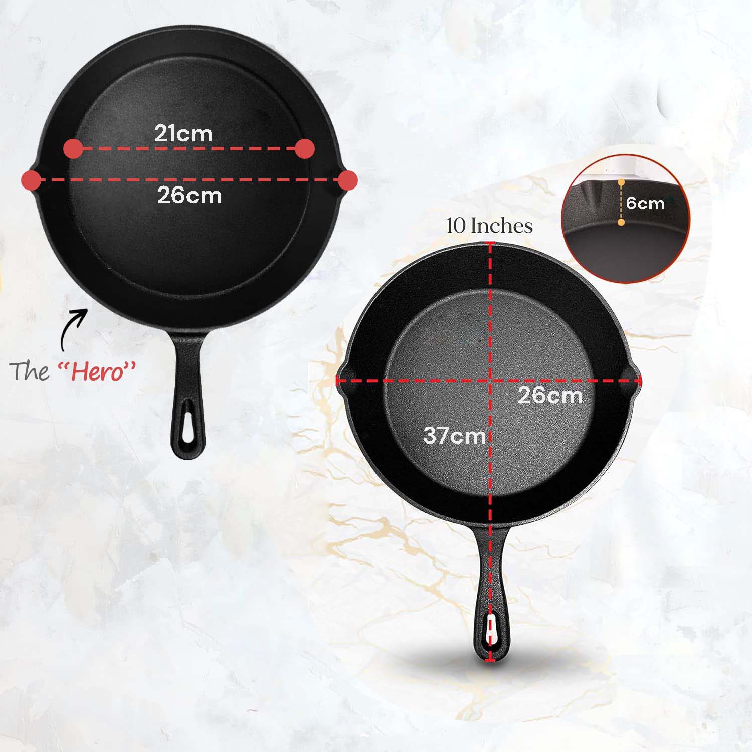 10inch 26cm Cast Iron Skillet Cookware Chef Quality Pre-Seasoned Pan Pans - BM House & Garden