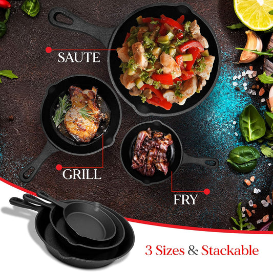 Cast Iron Skillet Cookware 3-Piece Set Chef Quality Pre-Seasoned Pan 10" 8" 6" Pans - BM House & Garden