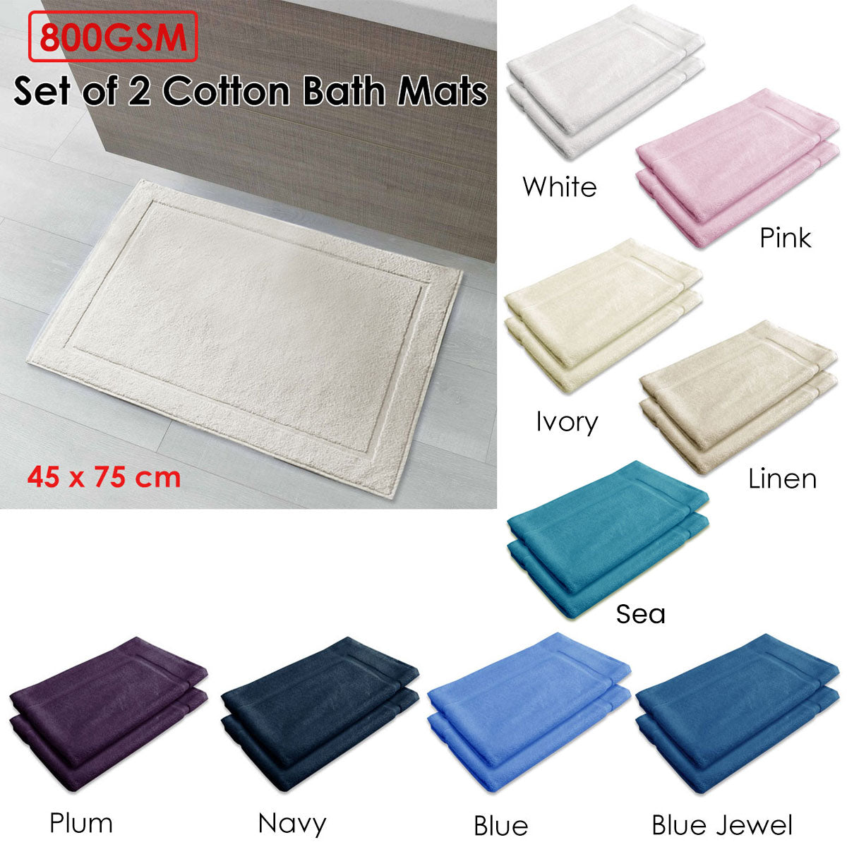 800GSM Set of 2 Cotton Bath Mat Linen - BM House & Garden