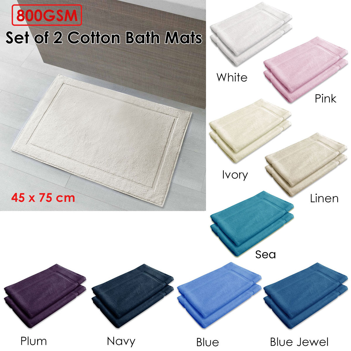 800GSM Set of 2 Cotton Bath Mat Navy - BM House & Garden