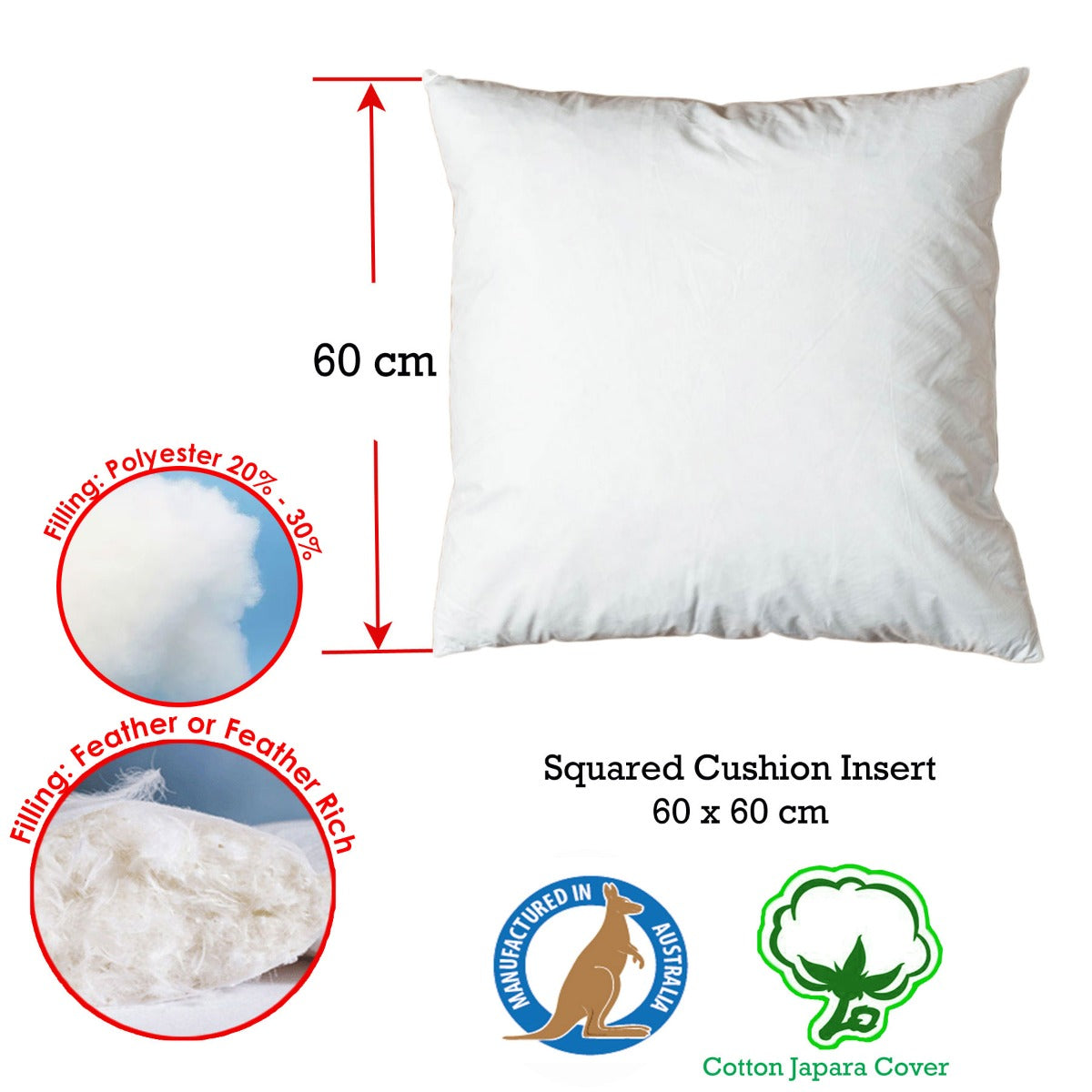 60 x 60cm Duck Feather Rich Fill Cushion Insert - BM House & Garden