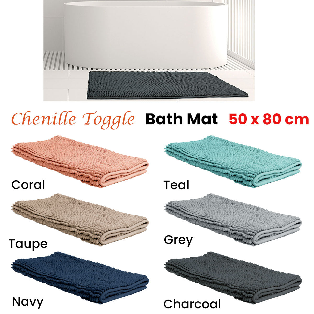 Chenille Toggle Bath Mat 50 x 80cm Charcoal - BM House & Garden