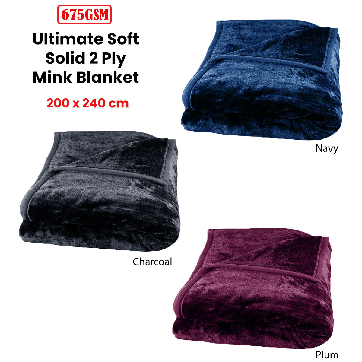 675gsm 2 Ply Solid Faux Mink Blanket Queen 200x240 cm Navy - BM House & Garden
