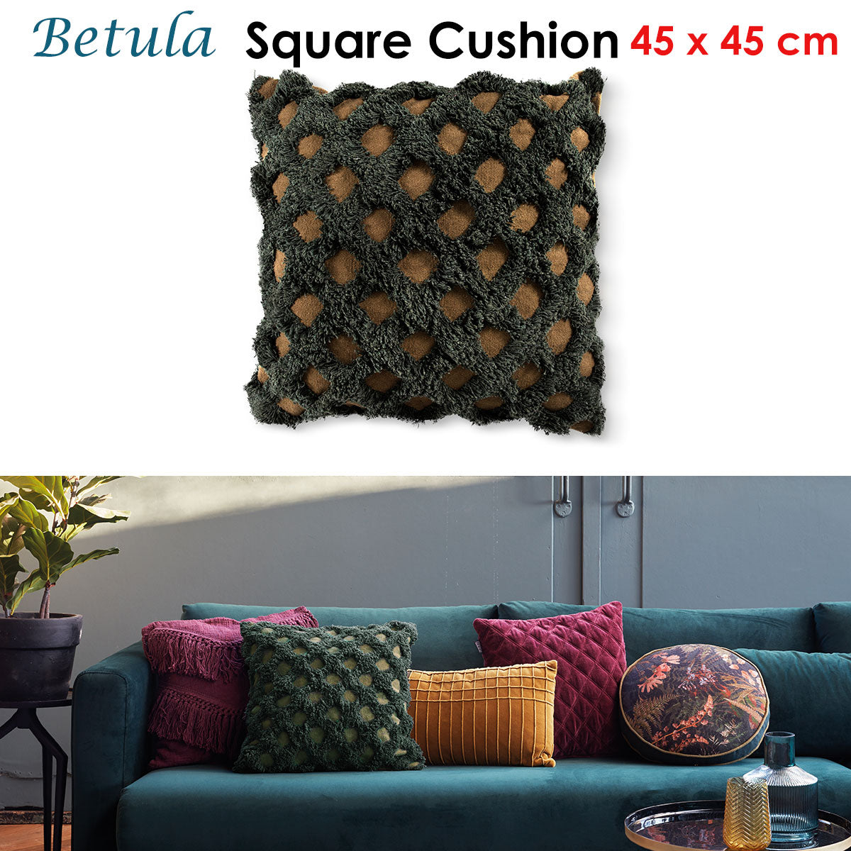45 x 45cm Bedding House Betula Green Filled Square Cushion