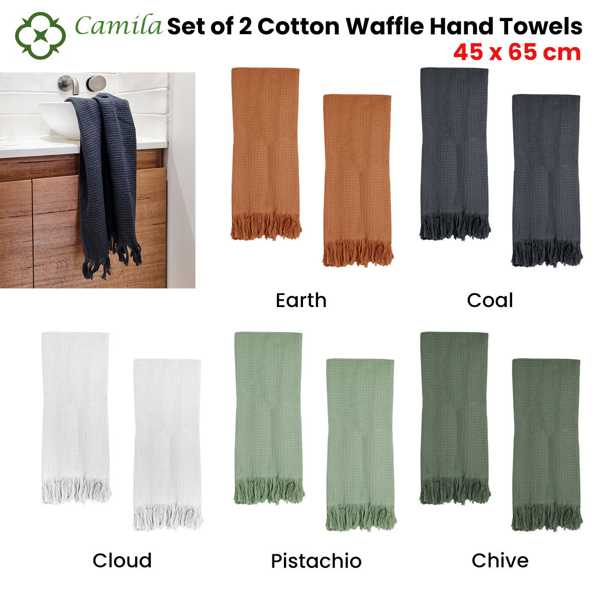 J Elliot Home 400GSM Camila Set of 2 Cotton Waffle Hand Towels 45 x 65 cm Chive - BM House & Garden