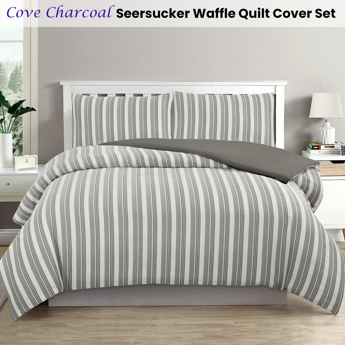 Ardor Cove Charcoal Seersucker Waffle Queen Size Quilt Cover Set
