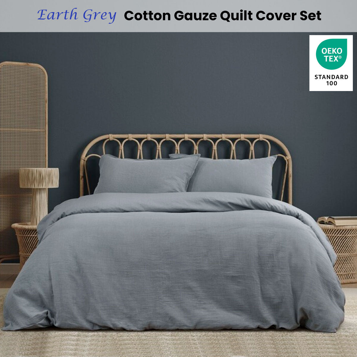 Ardor Earth Grey Cotton Gauze King Size Quilt Cover Set