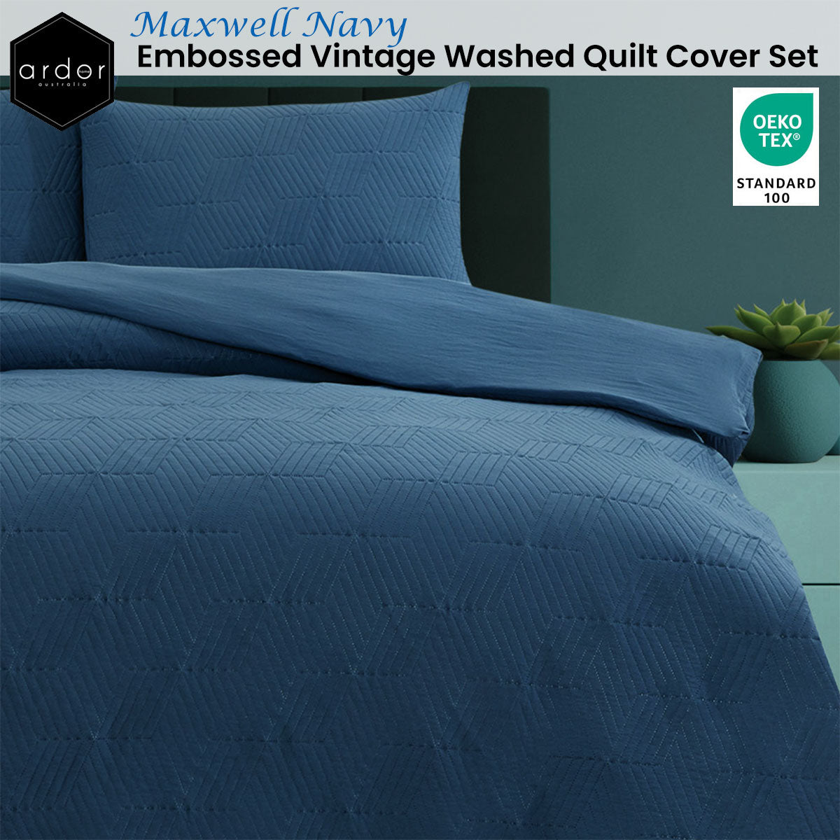 Ardor Maxwell Navy Embossed Vintage Washed King Size Quilt Cover Set