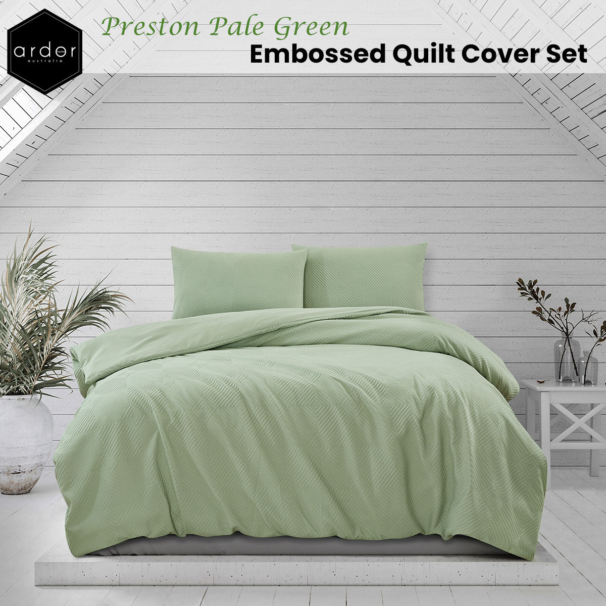 Ardor Preston Pale Green Embossed Queen Size Quilt Cover Set