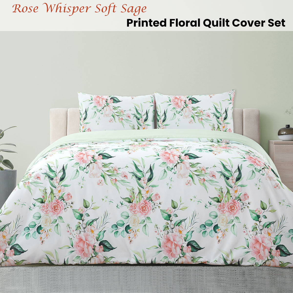 Ardor Rose Whisper Soft Sage Printed Floral Double Quilt Cover Set