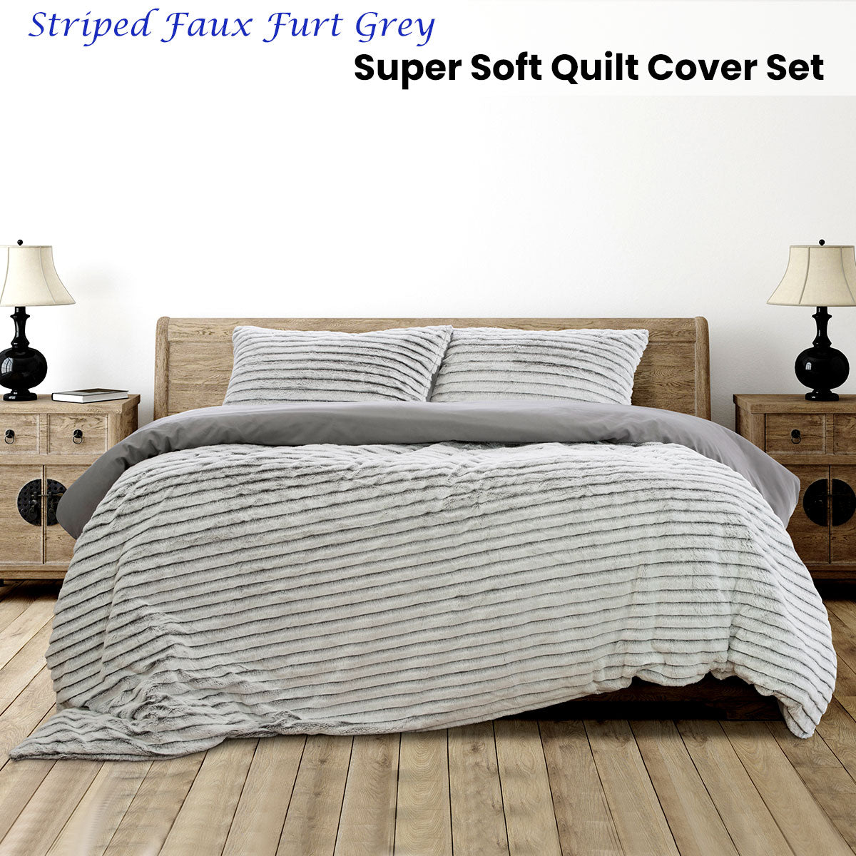 Ardor Striped Faux Fur Grey Super Soft King Size Quilt Cover Set