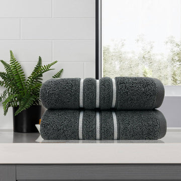 amor classic dobby stripe super soft premium cotton bath towel 2 pcs charcoal - BM House & Garden