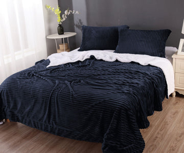 stripe flannel sherpa blanket queen navy - BM House & Garden