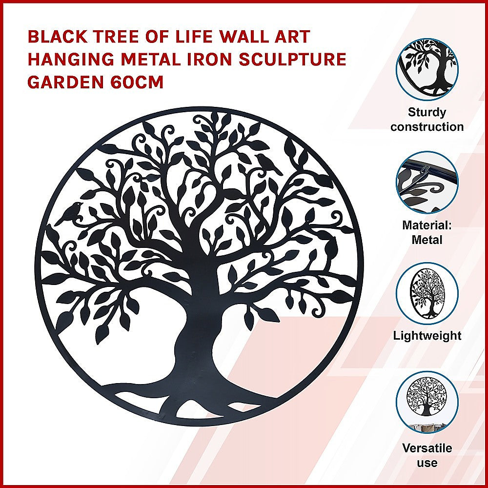 Black Tree of Life Wall Art Hanging Metal Iron Sculpture Garden 60cm - BM House & Garden