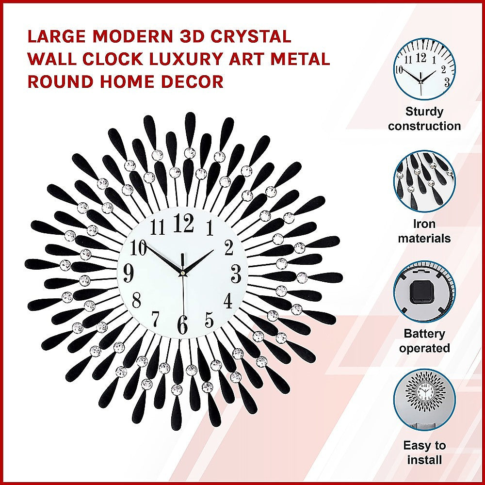 Large Modern 3D Crystal Wall Clock Luxury Art Metal Round Home Decor - BM House & Garden