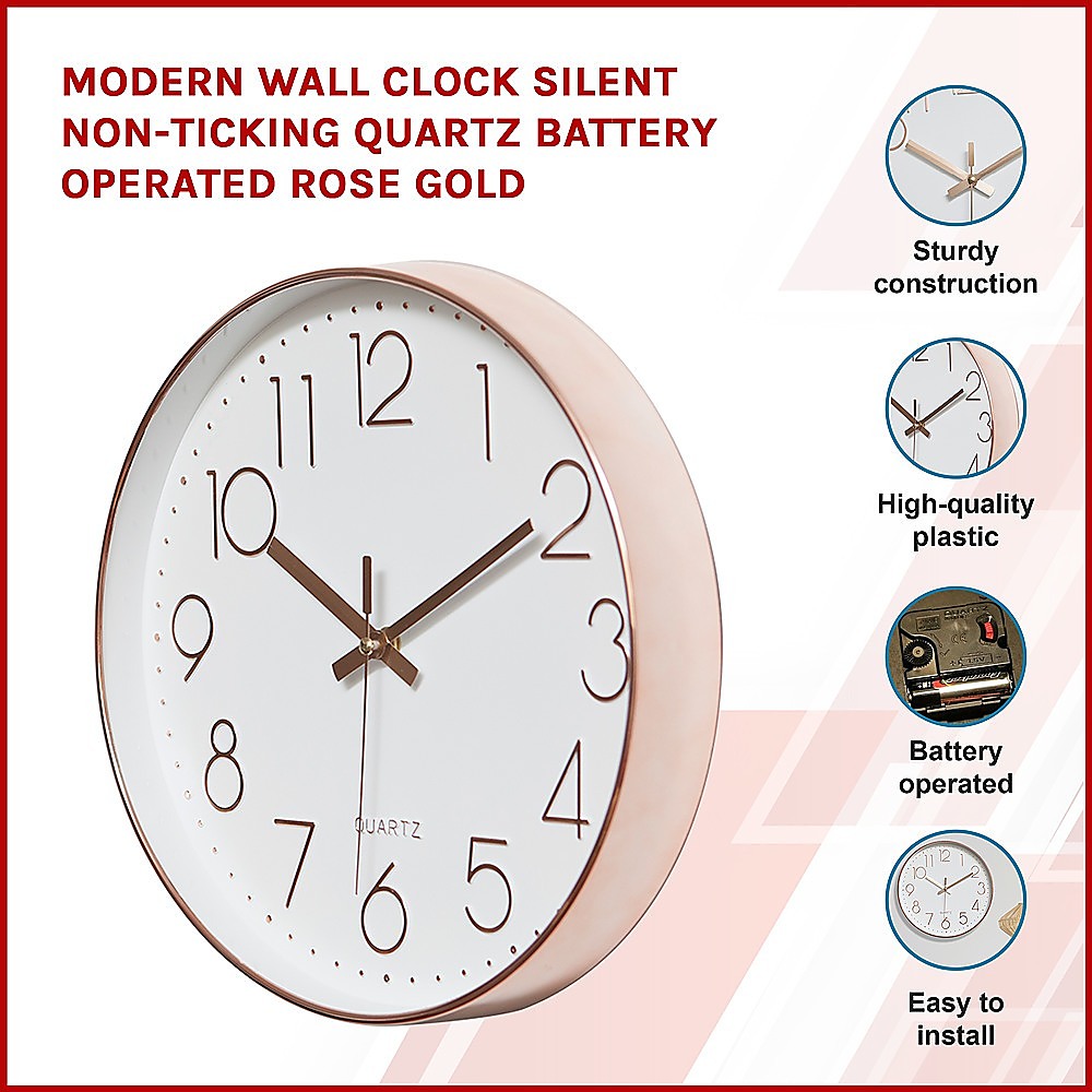 Modern Wall Clock Silent Non-Ticking Quartz Battery Operated Rose Gold - BM House & Garden