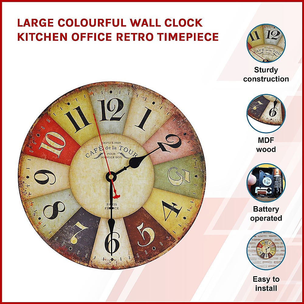 Large Colourful Wall Clock Kitchen Office Retro Timepiece - BM House & Garden