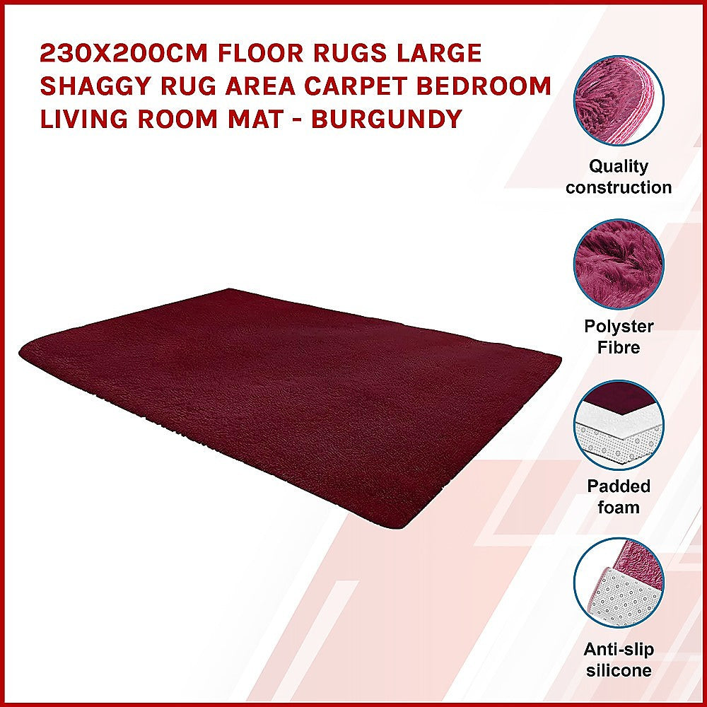 230x200cm Floor Rugs Large Shaggy Rug Area Carpet Bedroom Living Room Mat - Burgundy - BM House & Garden