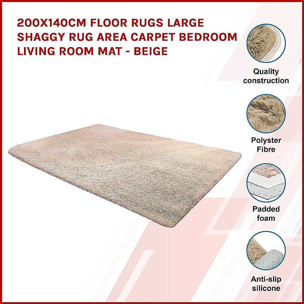 200x140cm Floor Rugs Large Shaggy Rug Area Carpet Bedroom Living Room Mat - Beige - BM House & Garden