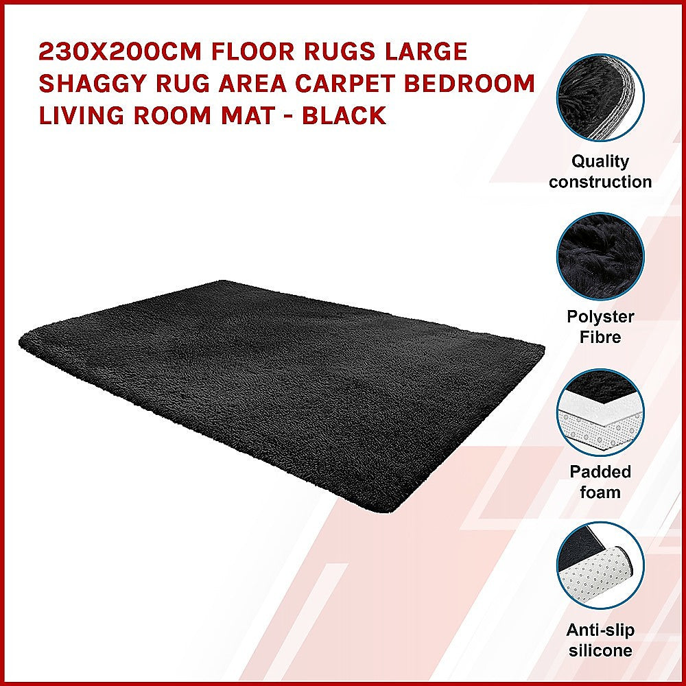 230x200cm Floor Rugs Large Shaggy Rug Area Carpet Bedroom Living Room Mat - Black - BM House & Garden