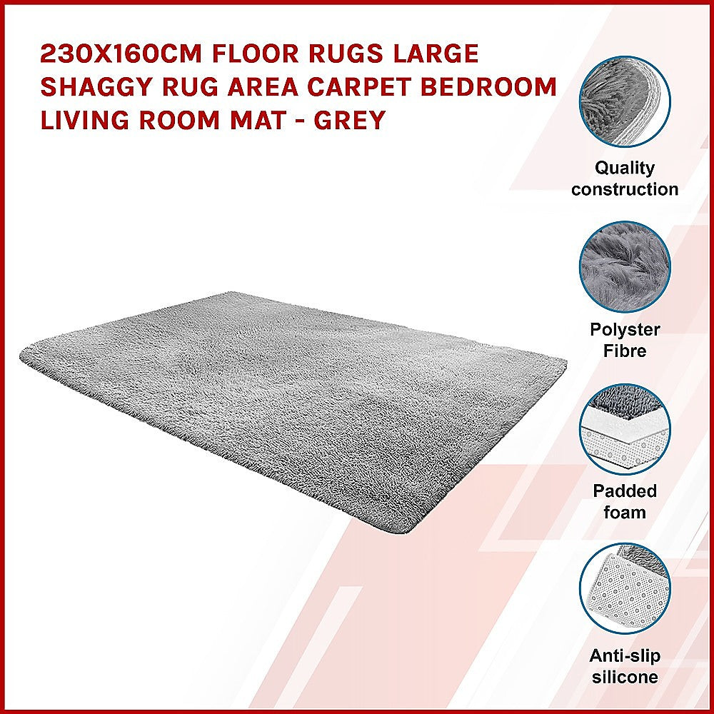230x160cm Floor Rugs Large Shaggy Rug Area Carpet Bedroom Living Room Mat - Grey - BM House & Garden