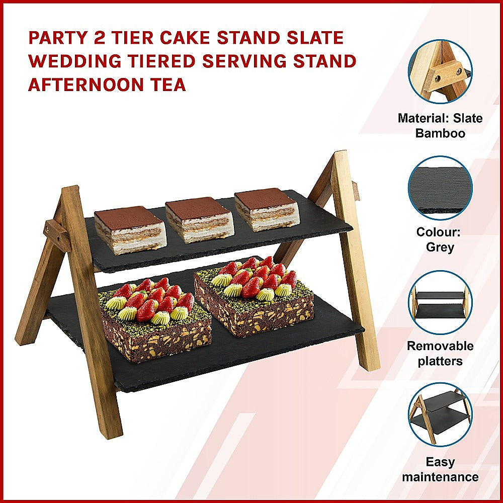 Party 2 Tier Cake Stand Slate Wedding Tiered Serving Stand Afternoon Tea - BM House & Garden