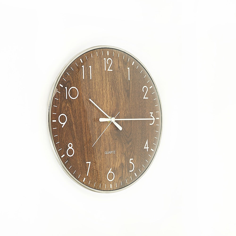 14-inch Round Wall Clock Silent Non-Ticking Quartz Battery Operated Wood Grain - BM House & Garden