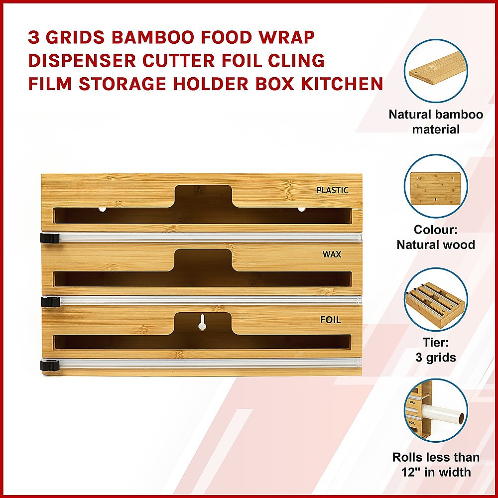 3 Grids Bamboo Food Wrap Dispenser Cutter Foil Cling Film Storage Holder Box Kitchen - BM House & Garden