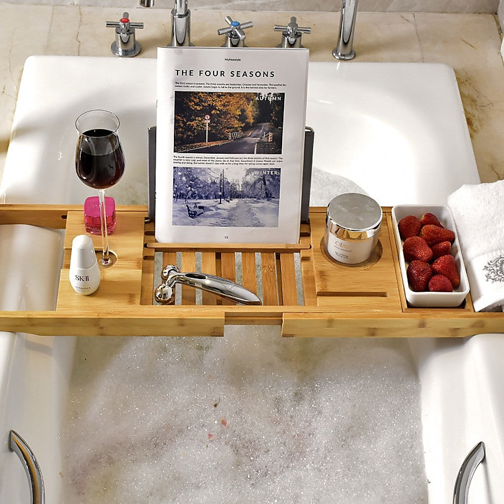 Bathroom Bamboo Bath Caddy Wine Glass Holder Table Tray Bathtub Rack Soap Shelf - BM House & Garden