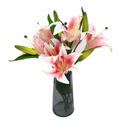 Premium Faux Pink Lily In Glass Vase (Artificial Tiger Lily Arrangement) - BM House & Garden