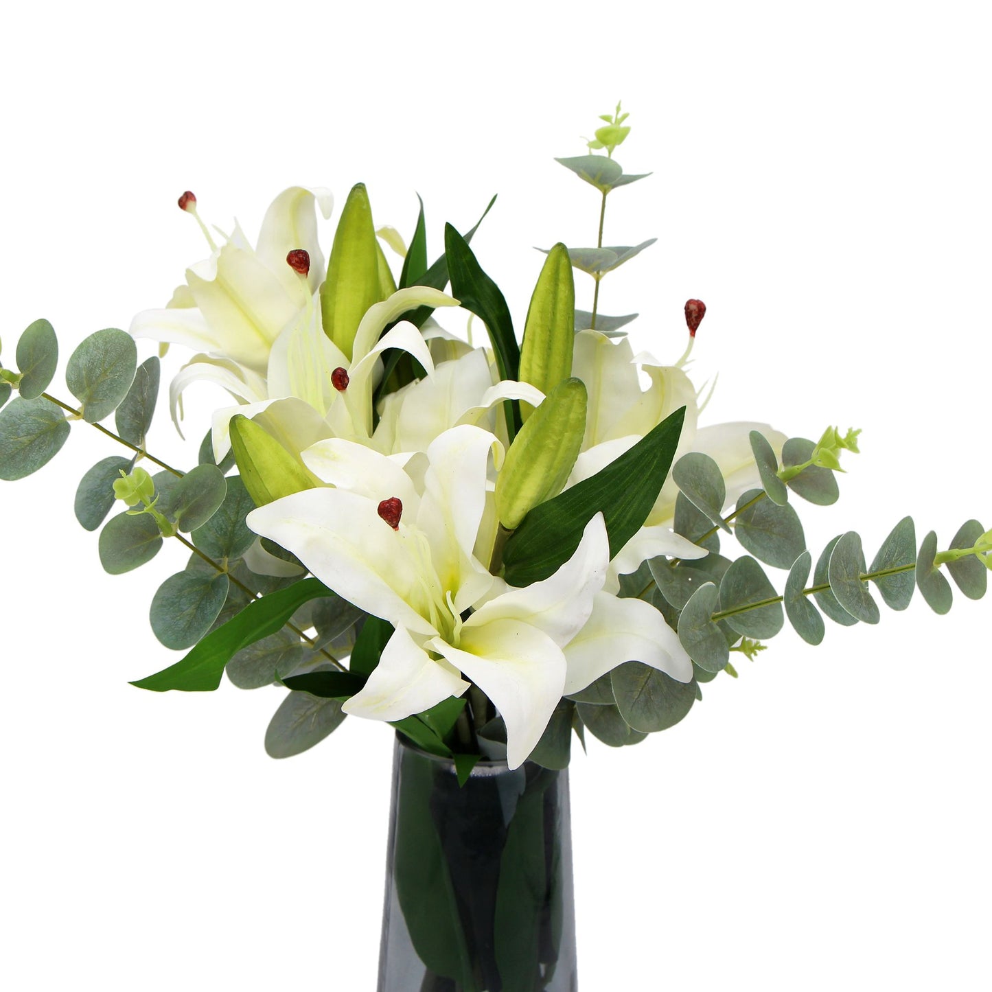 Premium Faux White Lily In Glass Vase (Tiger Lily Bouquet With Eucalyptus) - BM House & Garden