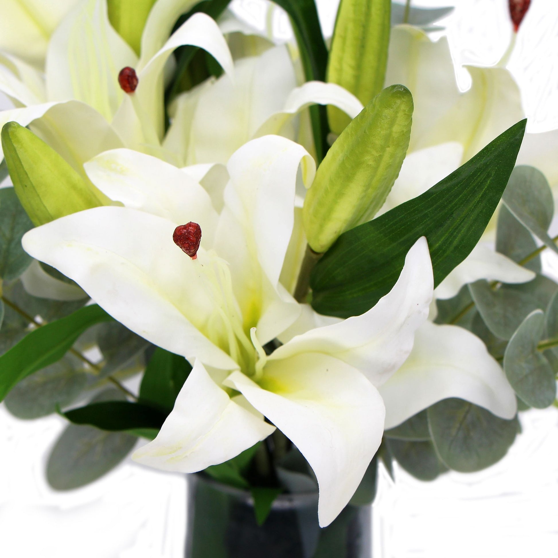 Premium Faux White Lily In Glass Vase (Tiger Lily Bouquet With Eucalyptus) - BM House & Garden