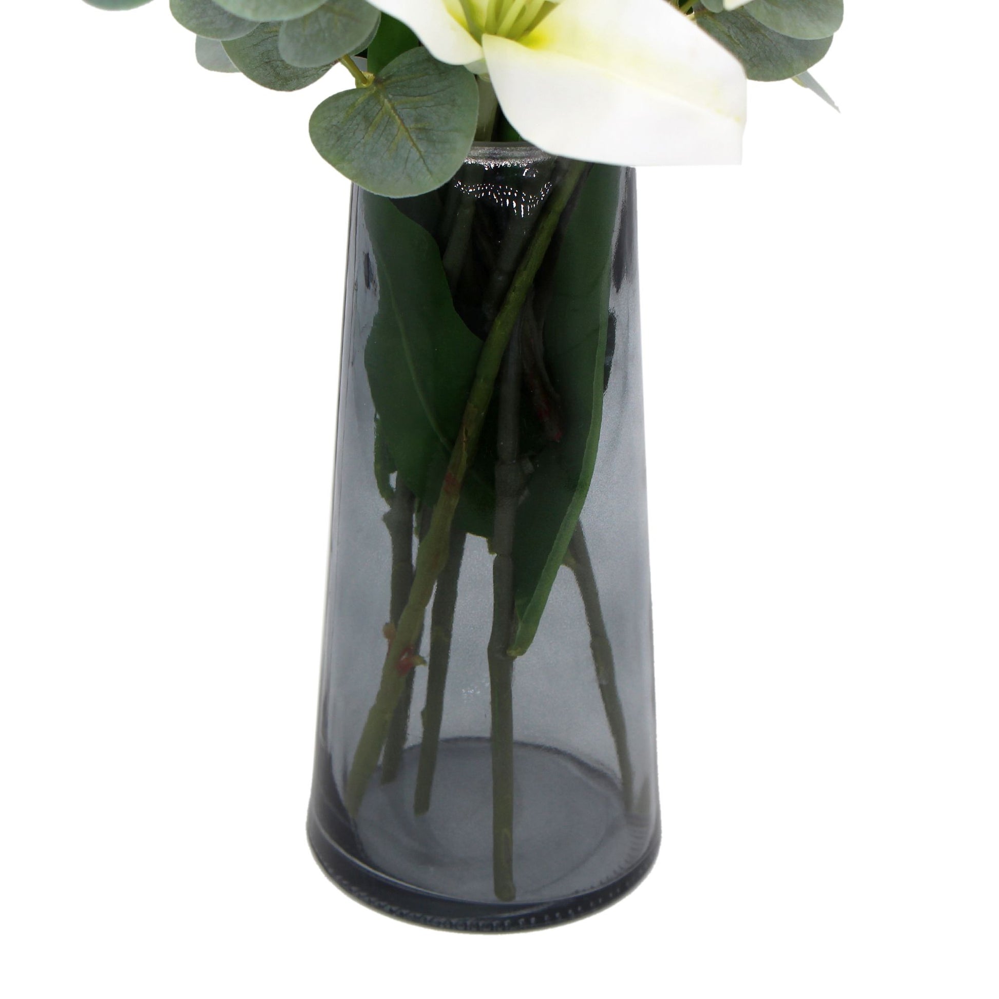 Premium Faux White Lily In Glass Vase (Tiger Lily Bouquet With Eucalyptus) - BM House & Garden