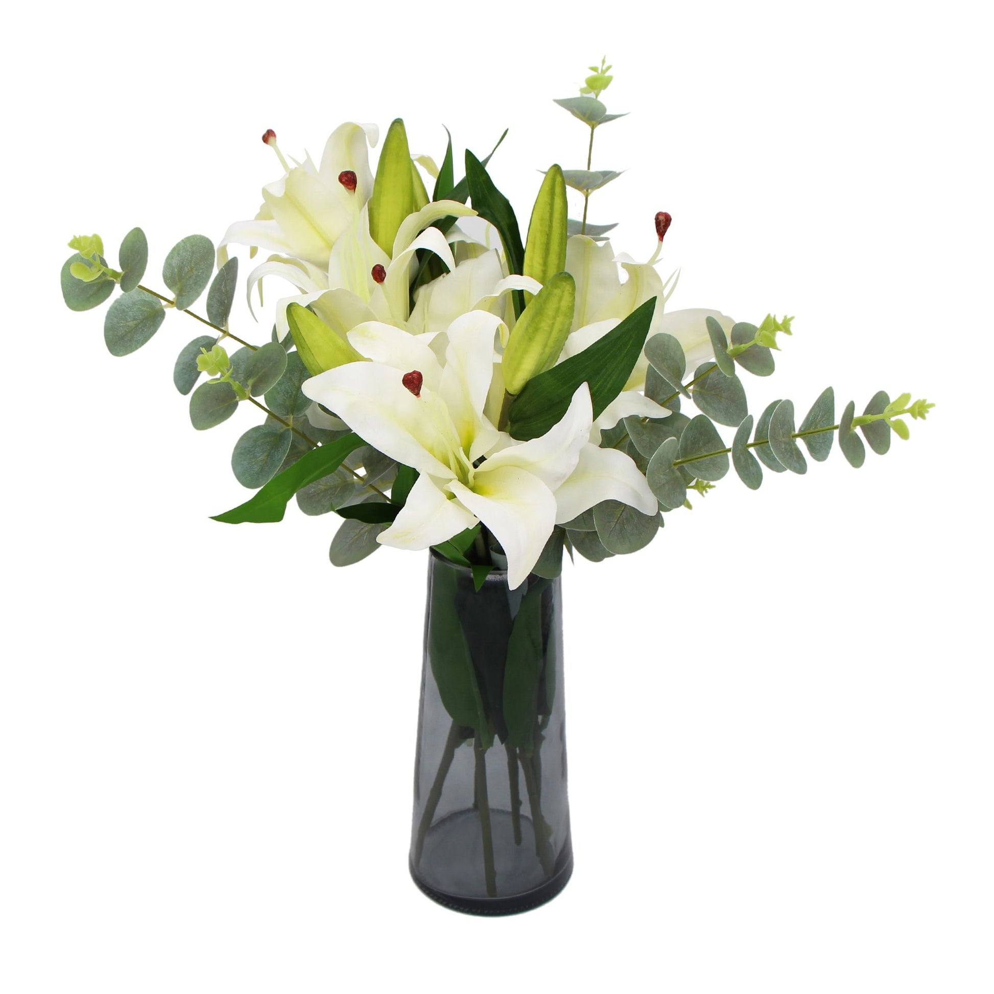 Premium Faux White Lily In Glass Vase (Tiger Lily Bouquet With Eucalyptus) - BM House & Garden