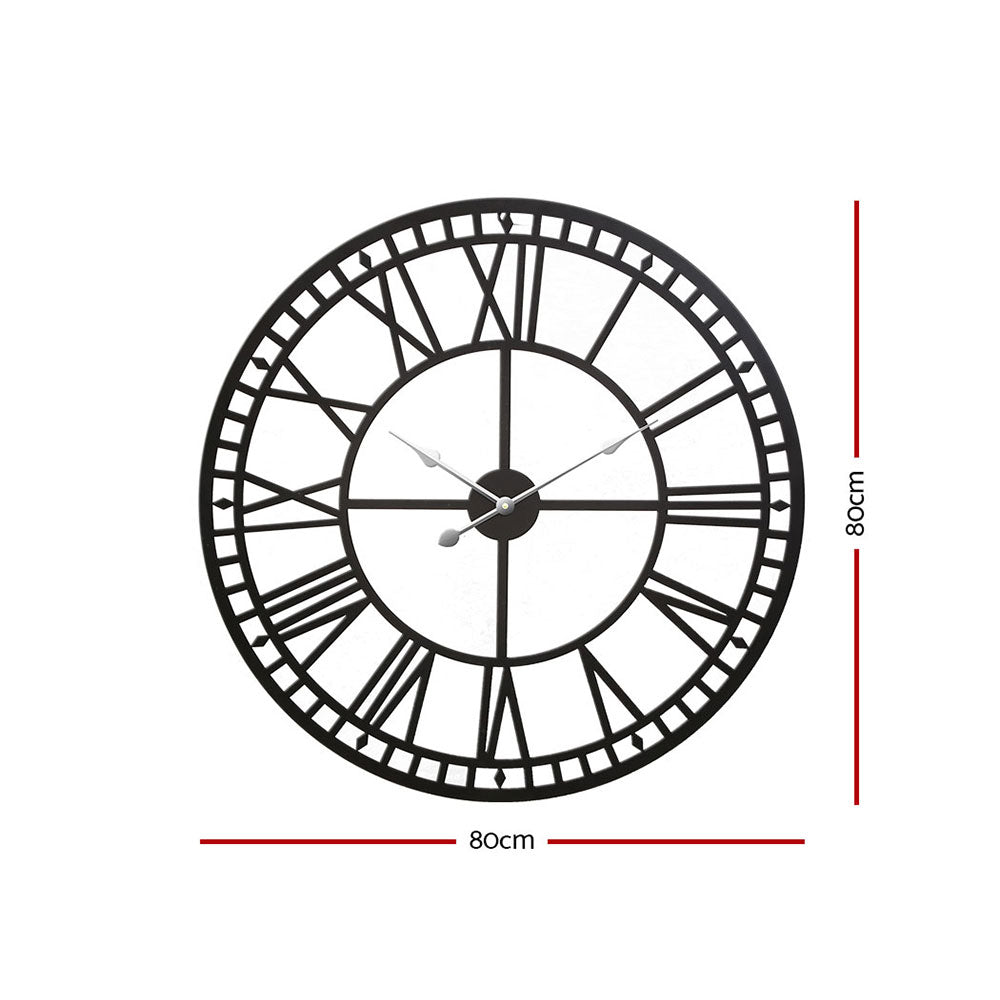 Artiss 80CM Large Wall Clock Roman Numerals Round Metal Luxury Home Decor Black - BM House & Garden