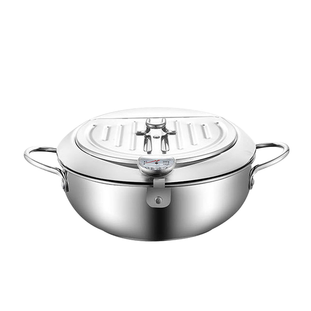 24cm Japanese  Deep Frying Pan Pot with Thermometer Kitchen Tempura Fryer Silver - BM House & Garden