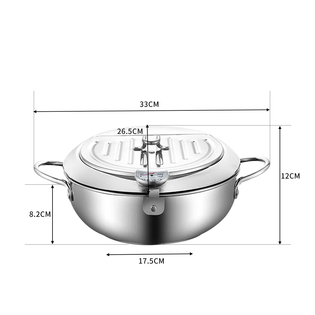 24cm Japanese  Deep Frying Pan Pot with Thermometer Kitchen Tempura Fryer Silver - BM House & Garden