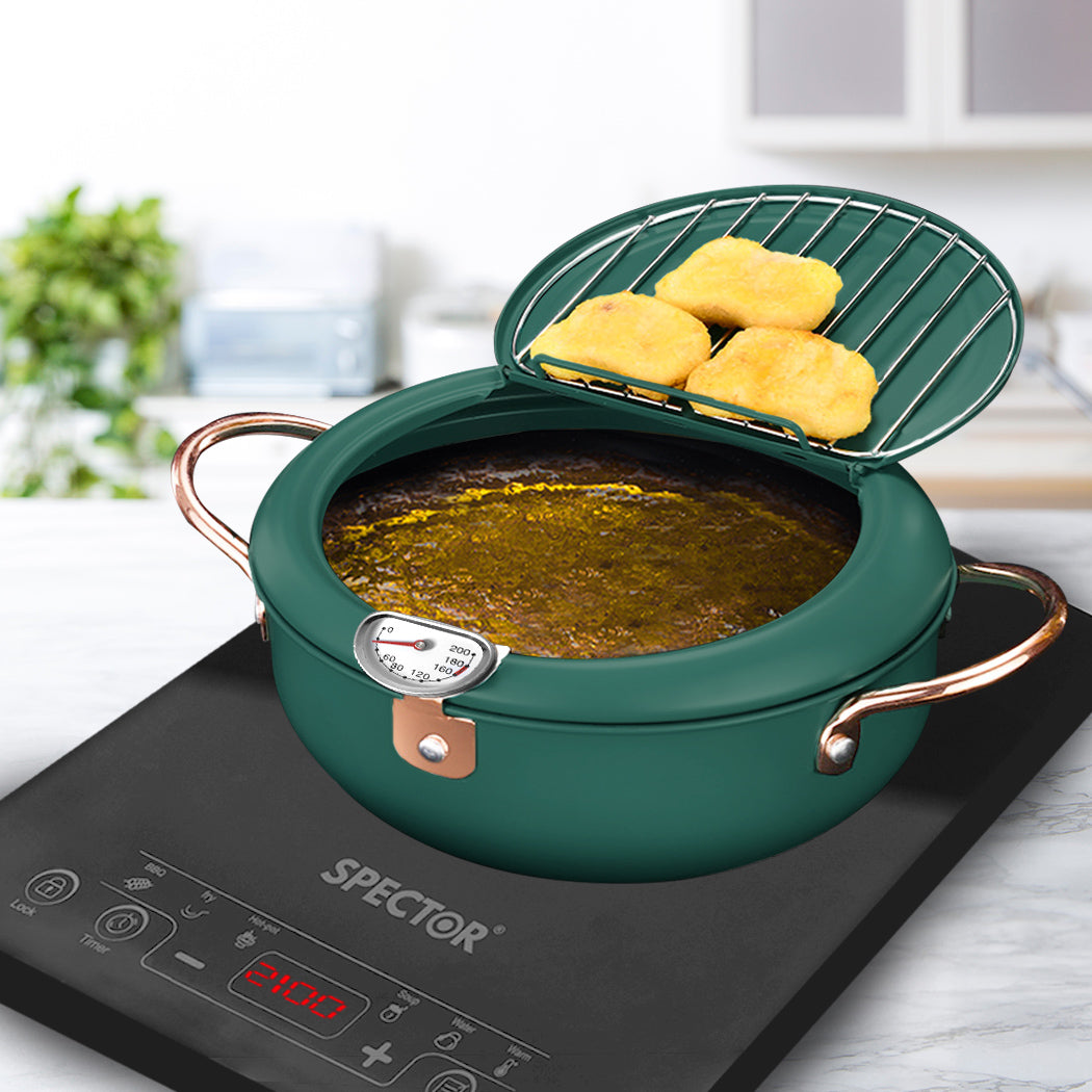 Japanese Deep Frying Pot with Thermometer Non-stick Tempura Fryer Pan 20cm Green - BM House & Garden